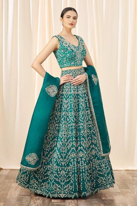 Buy Mrunalini Rao Green Satin Organza V Neck Bridal Lehenga Set Online at Aza Fashions Buy_Mrunalini Rao_Green Satin Organza V Neck Bridal Lehenga Set_Online_at_Aza_Fashions