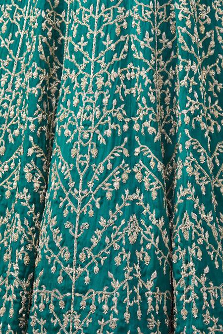 Shop Mrunalini Rao Green Satin Organza V Neck Bridal Lehenga Set Online at Aza Fashions Shop_Mrunalini Rao_Green Satin Organza V Neck Bridal Lehenga Set_Online_at_Aza_Fashions