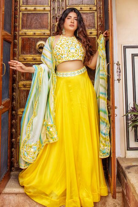 Nadima Saqib_Yellow Chanderi, Georgette, Linen Cotton Halter Lehenga Set _Online_at_Aza_Fashions