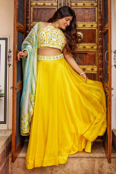 Buy_Nadima Saqib_Yellow Chanderi, Georgette, Linen Cotton Halter Lehenga Set _Online_at_Aza_Fashions
