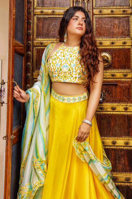 Shop_Nadima Saqib_Yellow Chanderi, Georgette, Linen Cotton Halter Lehenga Set _Online_at_Aza_Fashions
