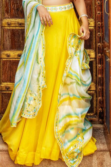 Nadima Saqib Yellow Chanderi, Georgette, Linen Cotton Halter Lehenga Set at Aza Fashions Nadima Saqib_Yellow Chanderi, Georgette, Linen Cotton Halter Lehenga Set _at_Aza_Fashions