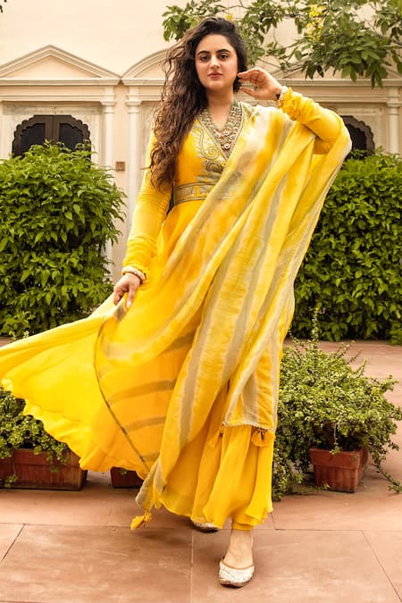 Nadima Saqib Yellow Georgette Embroidery V Neck Anarkali Set 