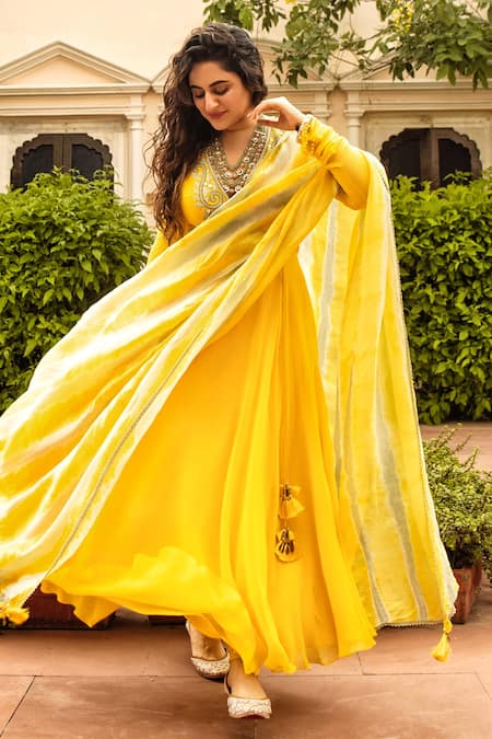 Shop Nadima Saqib Yellow Chanderi, Georgette, Lycra V Neck Embroidered Anarkali Set at Aza Fashions Shop_Nadima Saqib_Yellow Chanderi, Georgette, Lycra V Neck Embroidered Anarkali Set _at_Aza_Fashions