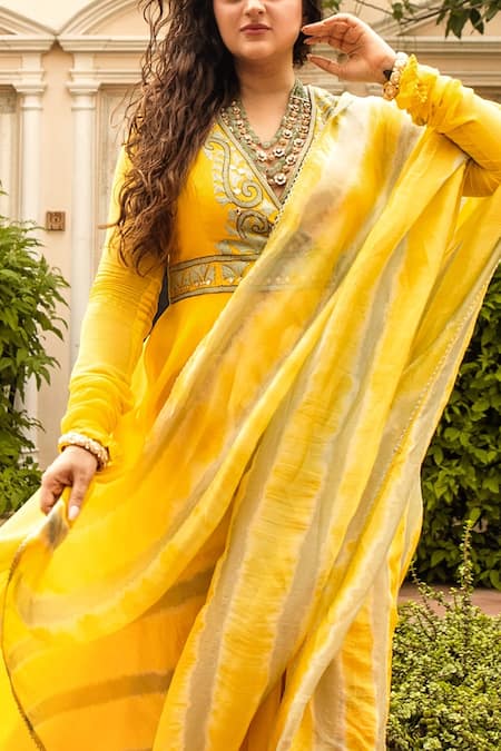 Nadima Saqib Yellow Chanderi, Georgette, Lycra V Neck Embroidered Anarkali Set Online at Aza Fashions Nadima Saqib_Yellow Chanderi, Georgette, Lycra V Neck Embroidered Anarkali Set _Online_at_Aza_Fashions