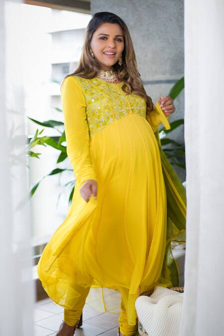 Nadima Saqib Yellow Chanderi, Georgette, Lycra Round Embroidered Anarkali Set Online at Aza Fashions Nadima Saqib_Yellow Chanderi, Georgette, Lycra Round Embroidered Anarkali Set _Online_at_Aza_Fashions