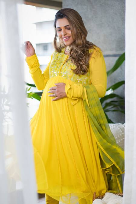 Buy Nadima Saqib Yellow Chanderi, Georgette, Lycra Round Embroidered Anarkali Set Online at Aza Fashions Buy_Nadima Saqib_Yellow Chanderi, Georgette, Lycra Round Embroidered Anarkali Set _Online_at_Aza_Fashions