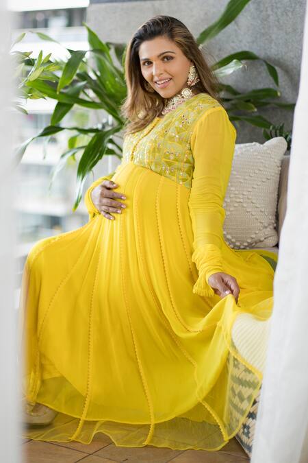 Shop Nadima Saqib Yellow Chanderi, Georgette, Lycra Round Embroidered Anarkali Set Online at Aza Fashions Shop_Nadima Saqib_Yellow Chanderi, Georgette, Lycra Round Embroidered Anarkali Set _Online_at_Aza_Fashions