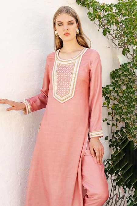 Shruti Sancheti_Pink Silk Round Kurta Pant Set_Online_at_Aza_Fashions