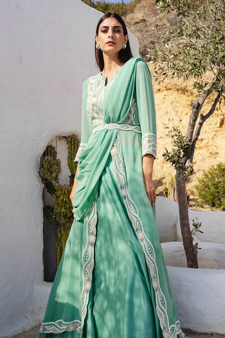 Buy Shruti Sancheti Green Georgette Notched Embroidered Kurta Lehenga Set Online at Aza Fashions Buy_Shruti Sancheti_Green Georgette Notched Embroidered Kurta Lehenga Set_Online_at_Aza_Fashions