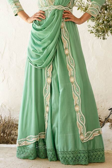 Shop Shruti Sancheti Green Georgette Notched Embroidered Kurta Lehenga Set Online at Aza Fashions Shop_Shruti Sancheti_Green Georgette Notched Embroidered Kurta Lehenga Set_Online_at_Aza_Fashions