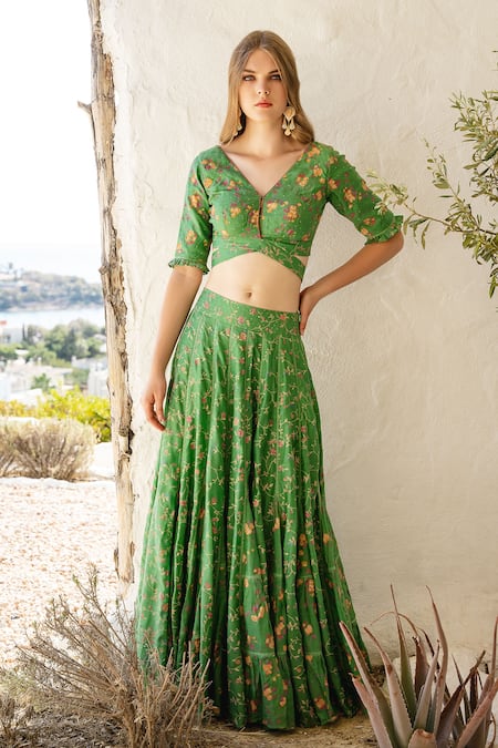 Shruti Sancheti Green Mul V Neck Printed Lehenga Set