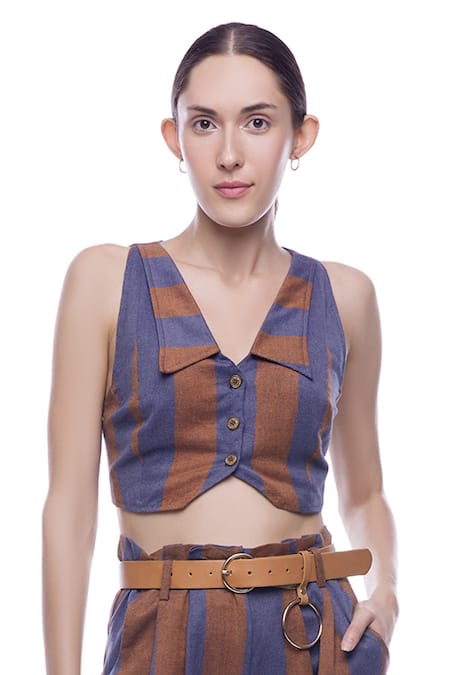 Shop_Verb By Pallavi Singhee_Multi Color Cotton Spread Collar Striped Crop Top_Online_at_Aza_Fashions