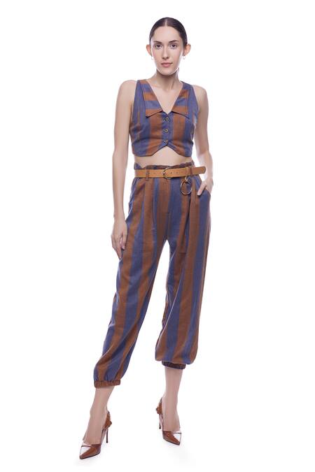 Verb By Pallavi Singhee_Multi Color Cotton Spread Collar Striped Crop Top_Online_at_Aza_Fashions