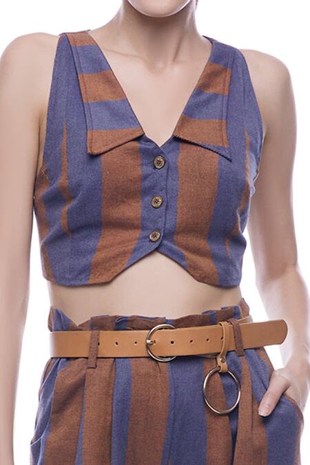 Verb By Pallavi Singhee_Multi Color Cotton Spread Collar Striped Crop Top_at_Aza_Fashions
