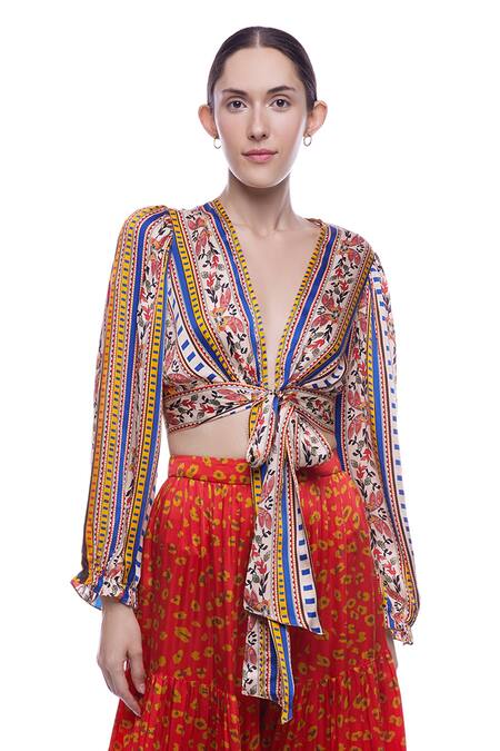 Verb By Pallavi Singhee_Multi Color Satin Crepe V Neck Printed Crop Top _Online_at_Aza_Fashions