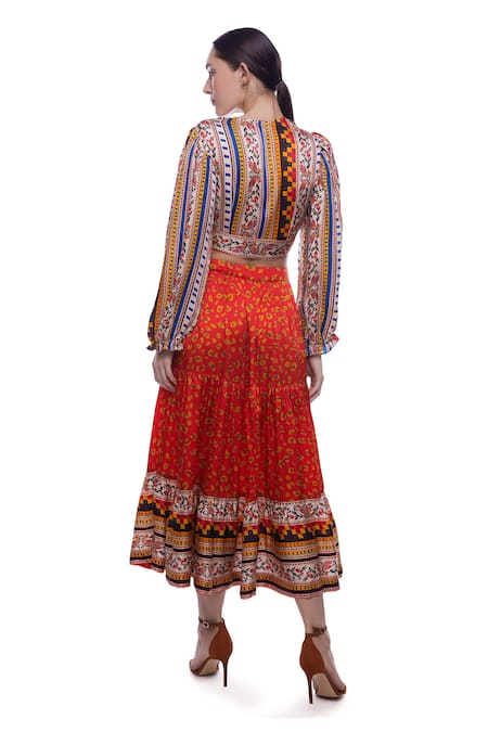 Shop_Verb By Pallavi Singhee_Multi Color Satin Crepe V Neck Printed Crop Top _at_Aza_Fashions
