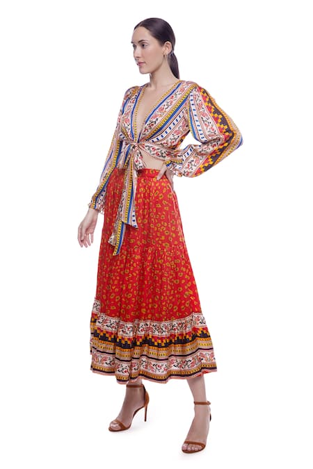 Buy_Verb By Pallavi Singhee_Multi Color Satin Crepe V Neck Printed Crop Top _Online_at_Aza_Fashions