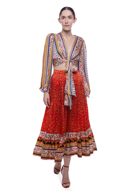 Shop_Verb By Pallavi Singhee_Multi Color Satin Crepe V Neck Printed Crop Top _Online_at_Aza_Fashions