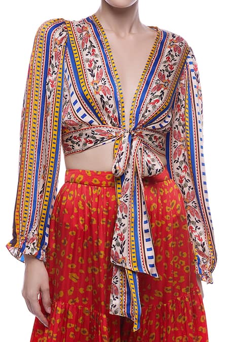 Verb By Pallavi Singhee_Multi Color Satin Crepe V Neck Printed Crop Top _at_Aza_Fashions
