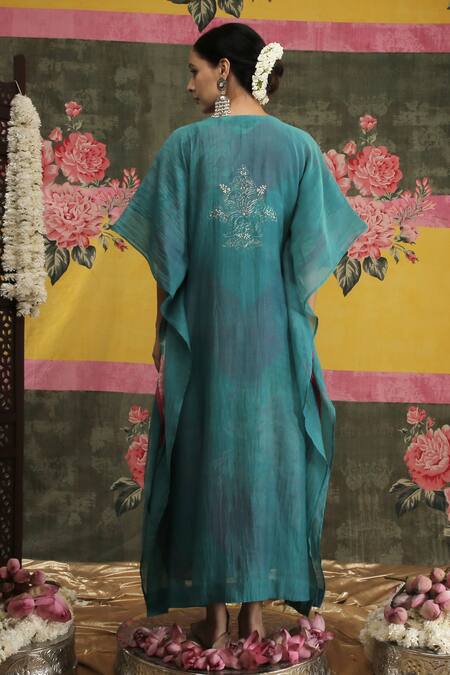 Shop_Vrinda By Pundrik Dubey_Blue Handwoven Chanderi Silk Round Sandli Firozi Kaftan_at_Aza_Fashions