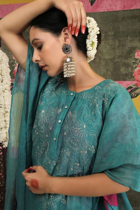 Buy_Vrinda By Pundrik Dubey_Blue Handwoven Chanderi Silk Round Sandli Firozi Kaftan_Online_at_Aza_Fashions