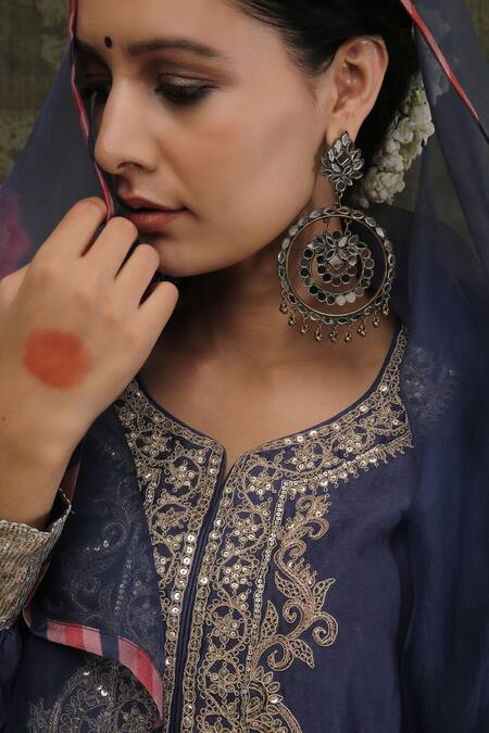 Buy_Vrinda By Pundrik Dubey_Blue Organza, Chanderi Silk Round Sandli Neel Marodi Anarkali Set_Online_at_Aza_Fashions