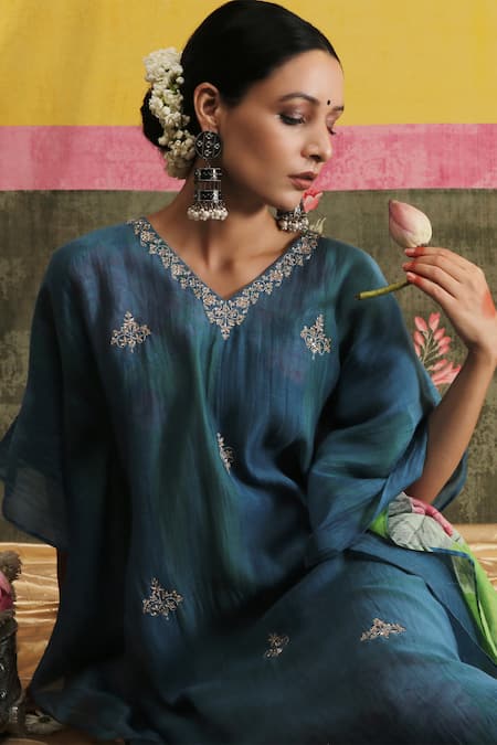 Vrinda By Pundrik Dubey_Blue Handwoven Chanderi Silk V Neck Sandli Firoz Asma Kaftan_Online_at_Aza_Fashions