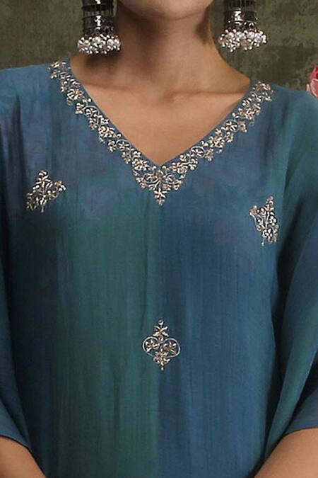 Shop_Vrinda By Pundrik Dubey_Blue Handwoven Chanderi Silk V Neck Sandli Firoz Asma Kaftan_Online_at_Aza_Fashions