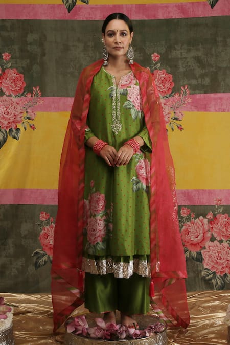 Vrinda by Pundrik Dubey Green Organza Silk Embroidery Round Sandli Hariyali Anarkali Set 