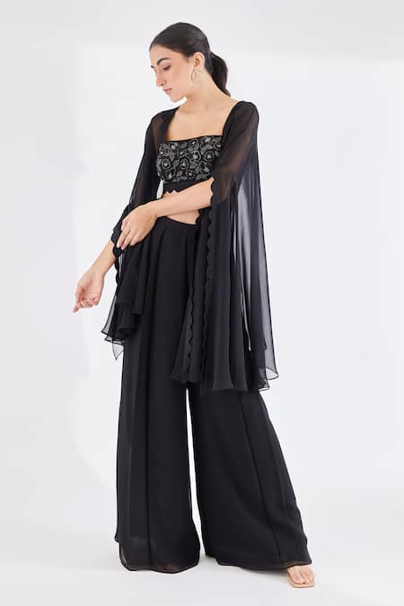 Shop Lavanya Ahuja Black Georgette Lining Shantoon Square Neck Scallop Cape And Pant Set at Aza Fashions Shop_Lavanya Ahuja_Black Georgette Lining Shantoon Square Neck Scallop Cape And Pant Set _at_Aza_Fashions