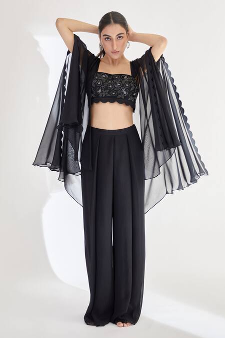 Lavanya Ahuja Black Georgette Lining Shantoon Square Neck Scallop Cape And Pant Set Online at Aza Fashions Lavanya Ahuja_Black Georgette Lining Shantoon Square Neck Scallop Cape And Pant Set _Online_at_Aza_Fashions