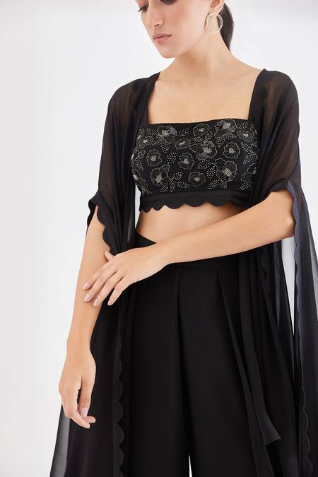 Shop Lavanya Ahuja Black Georgette Lining Shantoon Square Neck Scallop Cape And Pant Set Online at Aza Fashions Shop_Lavanya Ahuja_Black Georgette Lining Shantoon Square Neck Scallop Cape And Pant Set _Online_at_Aza_Fashions