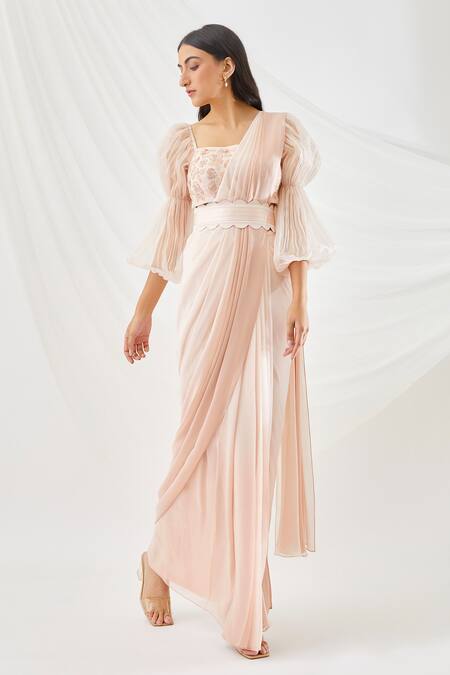 Shop Lavanya Ahuja Peach Georgette, Silk Organza, Satin Lining Pre-draped Saree With Belt at Aza Fashions Shop_Lavanya Ahuja_Peach Georgette, Silk Organza, Satin Lining Pre-draped Saree With Belt _at_Aza_Fashions