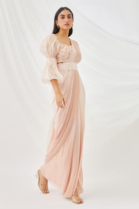 Lavanya Ahuja Peach Georgette, Silk Organza, Satin Lining Pre-draped Saree With Belt Online at Aza Fashions Lavanya Ahuja_Peach Georgette, Silk Organza, Satin Lining Pre-draped Saree With Belt _Online_at_Aza_Fashions