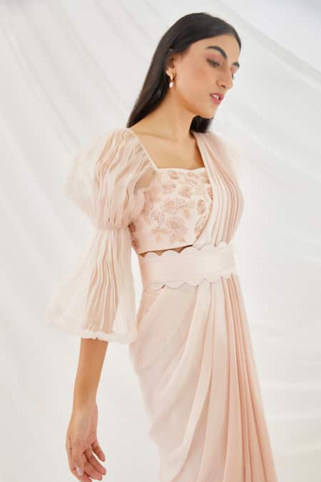 Buy Lavanya Ahuja Peach Georgette, Silk Organza, Satin Lining Pre-draped Saree With Belt Online at Aza Fashions Buy_Lavanya Ahuja_Peach Georgette, Silk Organza, Satin Lining Pre-draped Saree With Belt _Online_at_Aza_Fashions