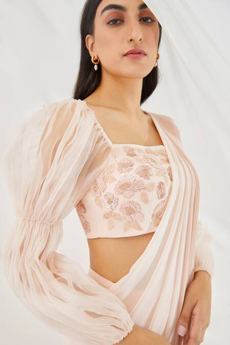 Shop Lavanya Ahuja Peach Georgette, Silk Organza, Satin Lining Pre-draped Saree With Belt Online at Aza Fashions Shop_Lavanya Ahuja_Peach Georgette, Silk Organza, Satin Lining Pre-draped Saree With Belt _Online_at_Aza_Fashions