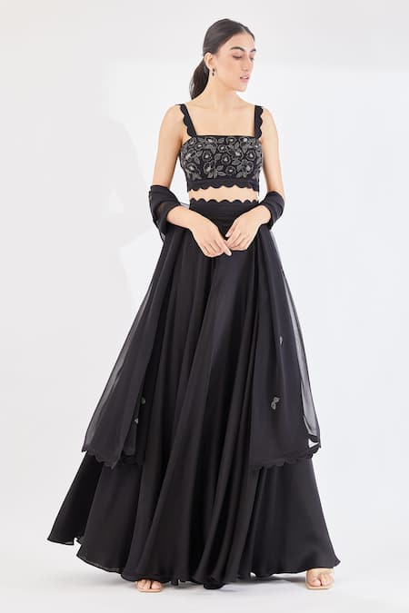 Shop Lavanya Ahuja Black Georgette, Satin Lining Shantoon Square Embroidered Blouse And Lehenga Set at Aza Fashions Shop_Lavanya Ahuja_Black Georgette, Satin Lining Shantoon Square Embroidered Blouse And Lehenga Set _at_Aza_Fashions