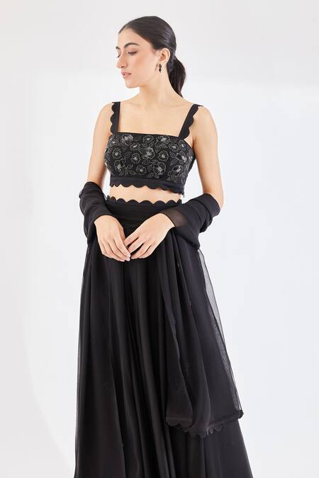 Buy Lavanya Ahuja Black Georgette, Satin Lining Shantoon Square Embroidered Blouse And Lehenga Set Online at Aza Fashions Buy_Lavanya Ahuja_Black Georgette, Satin Lining Shantoon Square Embroidered Blouse And Lehenga Set _Online_at_Aza_Fashions