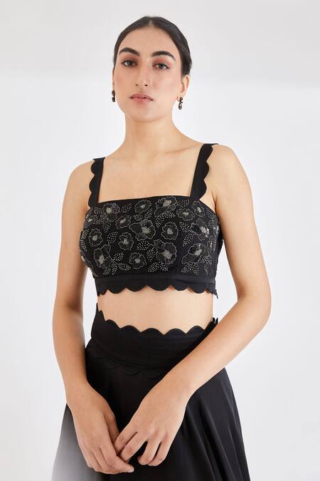 Shop Lavanya Ahuja Black Georgette, Satin Lining Shantoon Square Embroidered Blouse And Lehenga Set Online at Aza Fashions Shop_Lavanya Ahuja_Black Georgette, Satin Lining Shantoon Square Embroidered Blouse And Lehenga Set _Online_at_Aza_Fashions