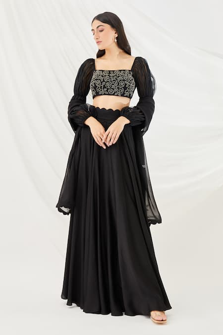 Lavanya Ahuja Black Georgette Embroidery Square Neck Blouse And Lehenga Set 