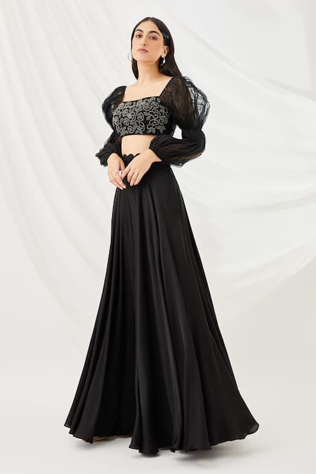 Shop Lavanya Ahuja Black Georgette, Silk Organza, Satin Lining Embroidered Blouse And Lehenga Set at Aza Fashions Shop_Lavanya Ahuja_Black Georgette, Silk Organza, Satin Lining Embroidered Blouse And Lehenga Set _at_Aza_Fashions