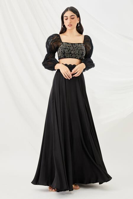 Lavanya Ahuja Black Georgette, Silk Organza, Satin Lining Embroidered Blouse And Lehenga Set Online at Aza Fashions Lavanya Ahuja_Black Georgette, Silk Organza, Satin Lining Embroidered Blouse And Lehenga Set _Online_at_Aza_Fashions