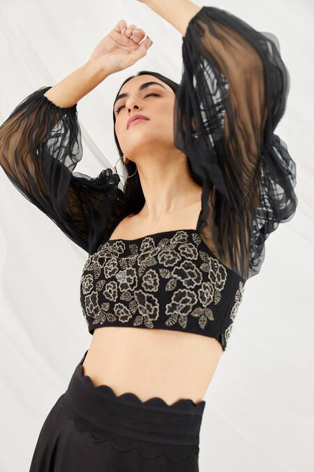 Shop Lavanya Ahuja Black Georgette, Silk Organza, Satin Lining Embroidered Blouse And Lehenga Set Online at Aza Fashions Shop_Lavanya Ahuja_Black Georgette, Silk Organza, Satin Lining Embroidered Blouse And Lehenga Set _Online_at_Aza_Fashions
