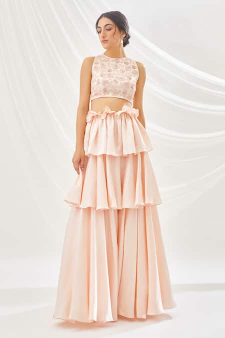 Shop Lavanya Ahuja Peach Linen Satin, Net Lining Shantoon Round Layered Lehenga Set at Aza Fashions Shop_Lavanya Ahuja_Peach Linen Satin, Net Lining Shantoon Round Layered Lehenga Set _at_Aza_Fashions