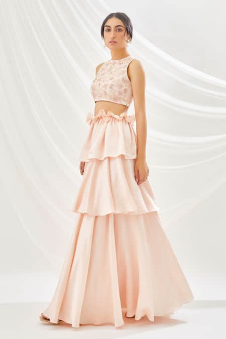 Lavanya Ahuja Peach Linen Satin, Net Lining Shantoon Round Layered Lehenga Set Online at Aza Fashions Lavanya Ahuja_Peach Linen Satin, Net Lining Shantoon Round Layered Lehenga Set _Online_at_Aza_Fashions