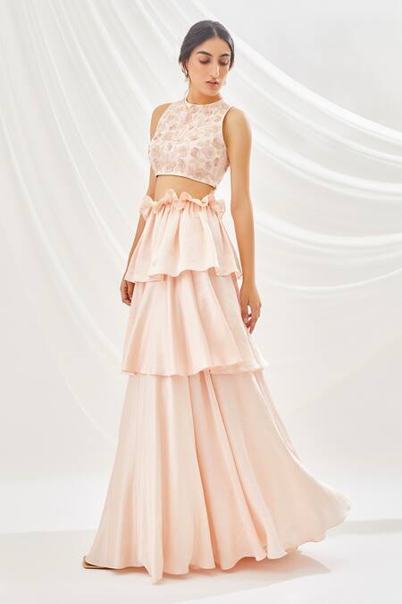 Buy Lavanya Ahuja Peach Linen Satin, Net Lining Shantoon Round Layered Lehenga Set Online at Aza Fashions Buy_Lavanya Ahuja_Peach Linen Satin, Net Lining Shantoon Round Layered Lehenga Set _Online_at_Aza_Fashions