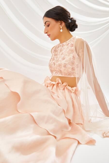 Shop Lavanya Ahuja Peach Linen Satin, Net Lining Shantoon Round Layered Lehenga Set Online at Aza Fashions Shop_Lavanya Ahuja_Peach Linen Satin, Net Lining Shantoon Round Layered Lehenga Set _Online_at_Aza_Fashions