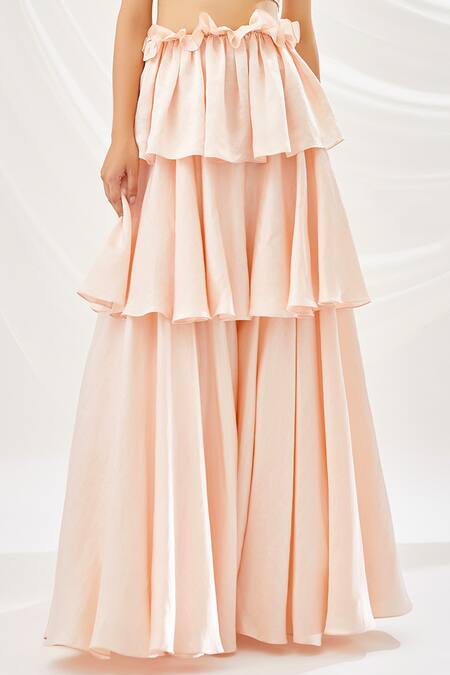 Lavanya Ahuja Peach Linen Satin, Net Lining Shantoon Round Layered Lehenga Set at Aza Fashions Lavanya Ahuja_Peach Linen Satin, Net Lining Shantoon Round Layered Lehenga Set _at_Aza_Fashions
