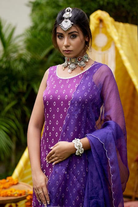 Buy_Ruchira Nangalia_Purple Organza, Modal Satin Round Bandhani Kurta Set _Online_at_Aza_Fashions